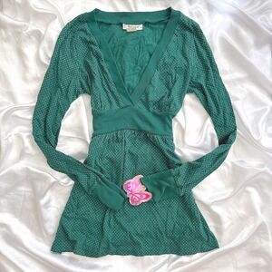 Self Esteem Green Polka Dot Empire Waist V-Neck Long Sleeve Top Large Y2K